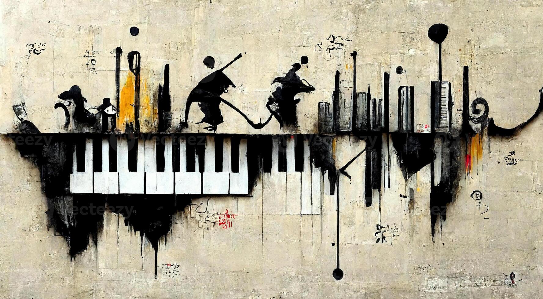 generativ ai, abstrakt Straße Kunst mit Schlüssel und Musical Instrumente Silhouetten. Tinte bunt Graffiti Kunst auf ein texturiert Papier Jahrgang Hintergrund, inspiriert durch Banken. foto