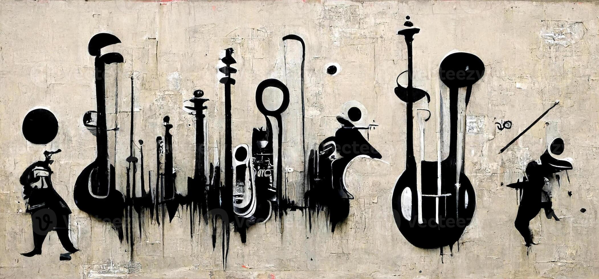 generativ ai, abstrakt Straße Kunst mit Schlüssel und Musical Instrumente Silhouetten. Tinte bunt Graffiti Kunst auf ein texturiert Papier Jahrgang Hintergrund, inspiriert durch Banken. foto