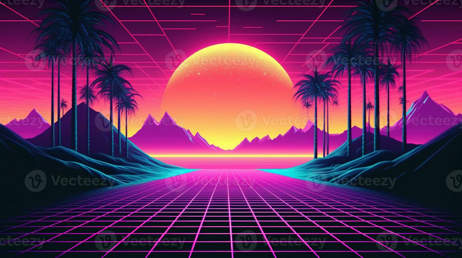 generativ ai, 80er Jahre retro futuristisch Science-Fiction, nostalgisch 90er. Nacht und Sonnenuntergang Neon- Farben, Cyberpunk Jahrgang Illustration. Sonne, Berge und Palmen. Retrowave vj Videospiel Landschaft. foto