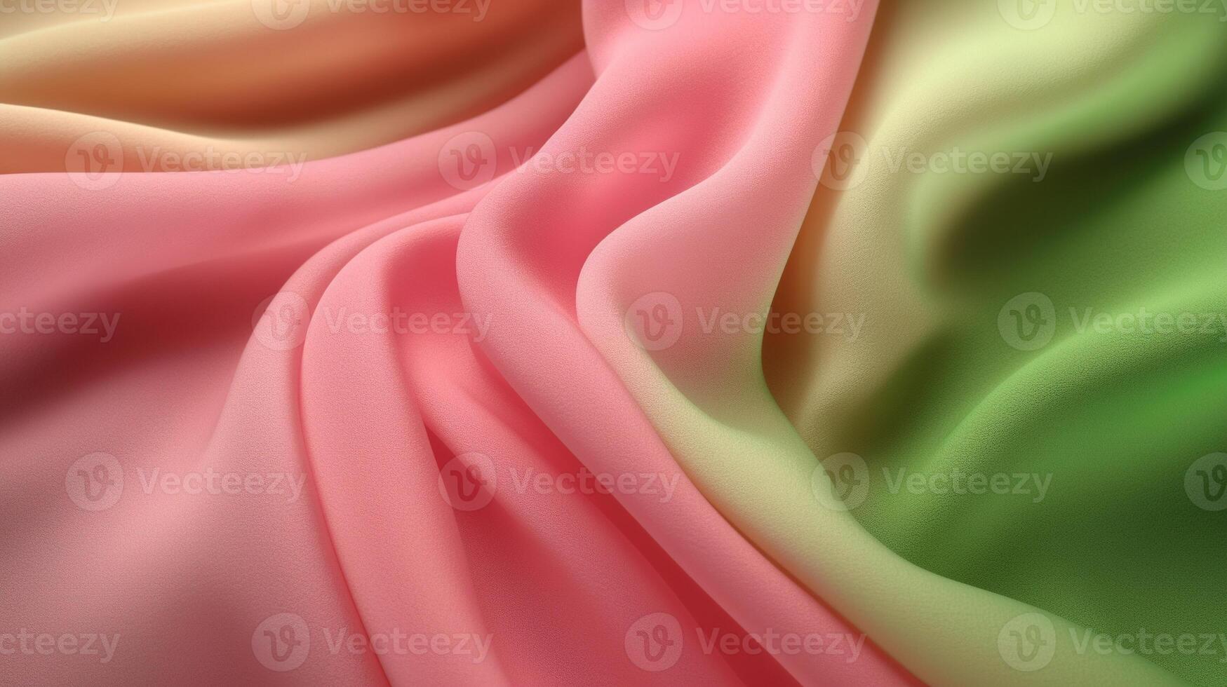 generativ ai, fließend Chiffon Stoff Textur im Licht Rosa und Grün Farbe. glänzend Frühling Banner, Material 3d Wirkung, modern Makro fotorealistisch abstrakt Hintergrund Illustration foto