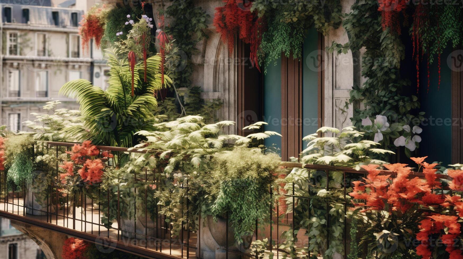 generativ ai, schön Balkon umgeben durch ein tropisch Stil Garten, Blühen Blumen und Grün Pflanzen foto