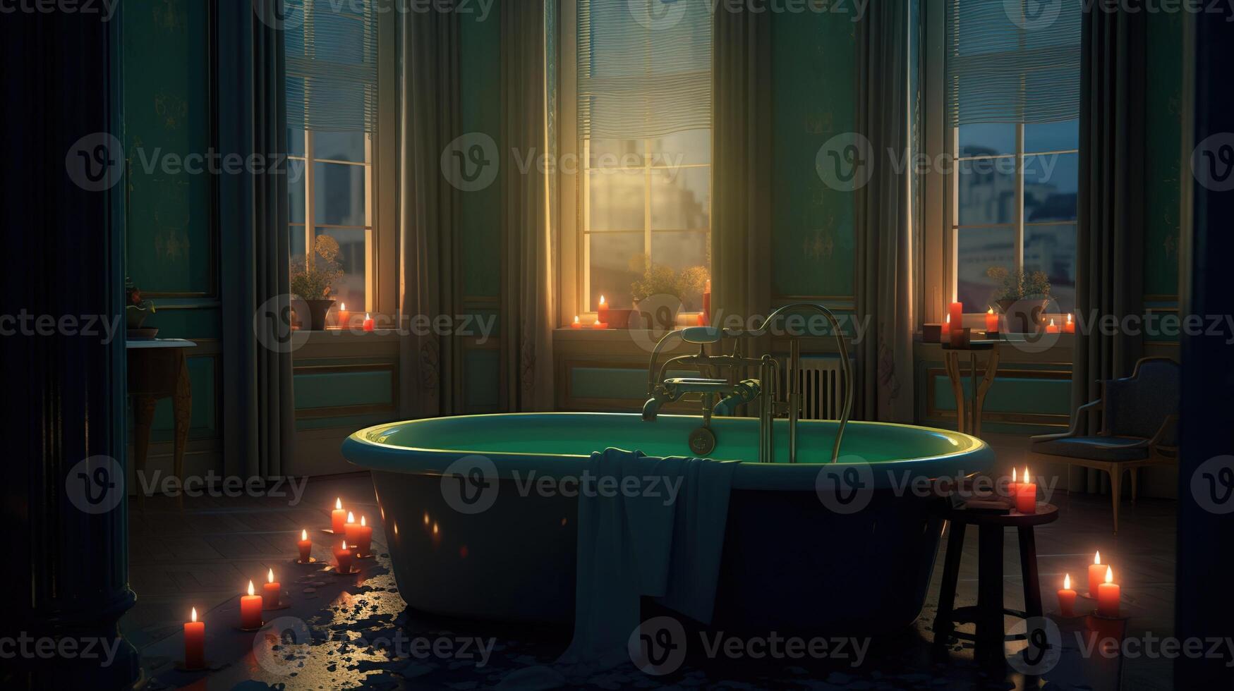 generativ ai, Innere von modern Badezimmer mit Verbrennung Kerzen im Abend. romantisch Atmosphäre, Spa und entspannen Konzept foto