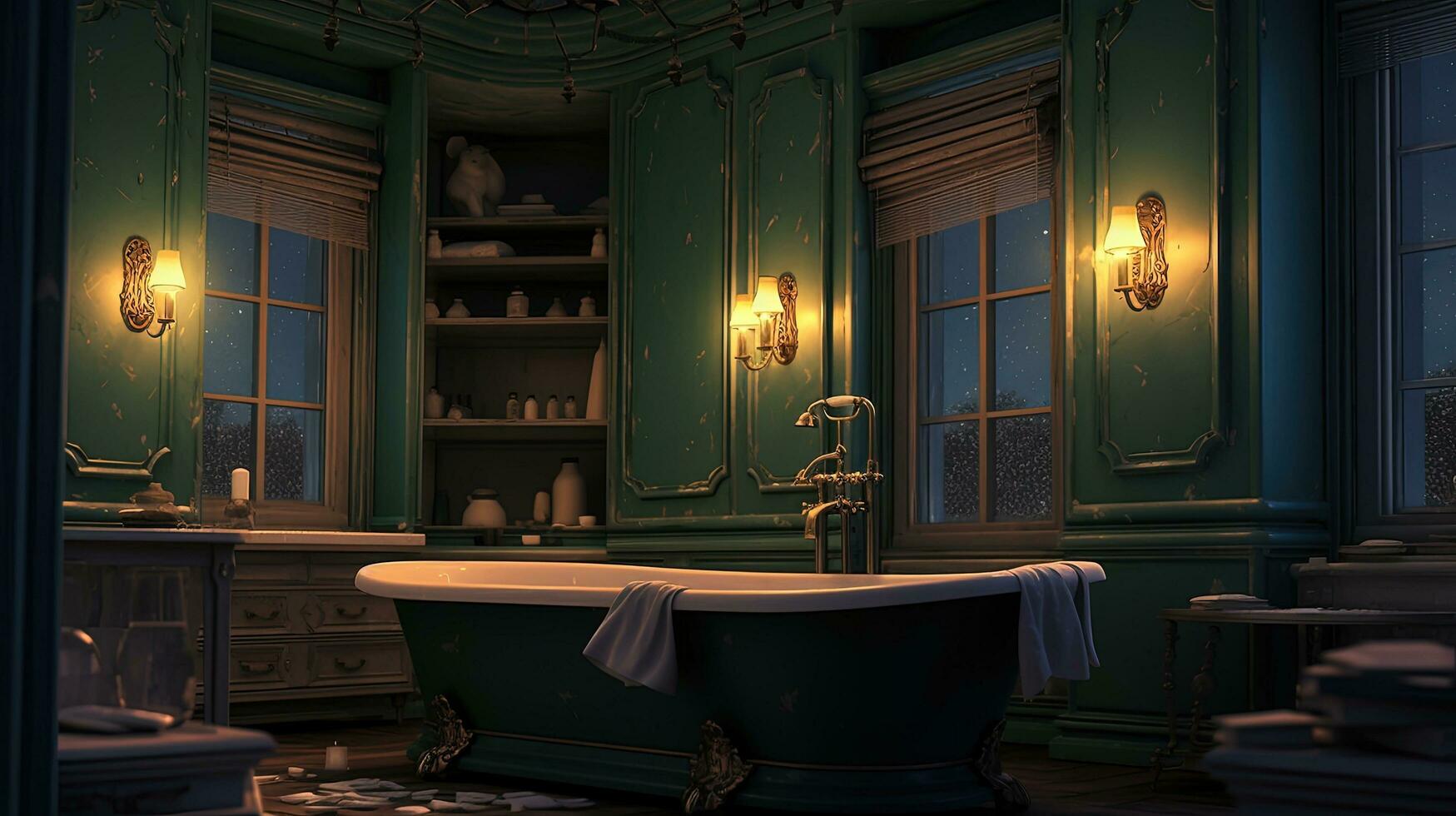 generativ ai, Innere von modern Badezimmer mit Verbrennung Kerzen im Abend. romantisch Atmosphäre, Spa und entspannen Konzept foto