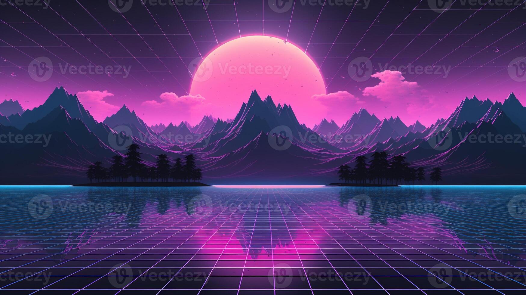 generativ ai, 80er Jahre retro futuristisch Science-Fiction, nostalgisch 90er. Nacht und Sonnenuntergang Neon- Farben, Cyberpunk Jahrgang Illustration. Sonne, Berge und Palmen. Retrowave vj Videospiel Landschaft. foto