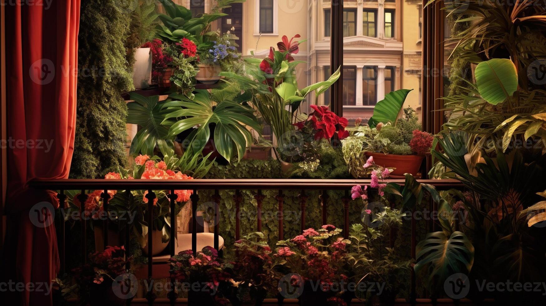 generativ ai, schön Balkon umgeben durch ein tropisch Stil Garten, Blühen Blumen und Grün Pflanzen foto