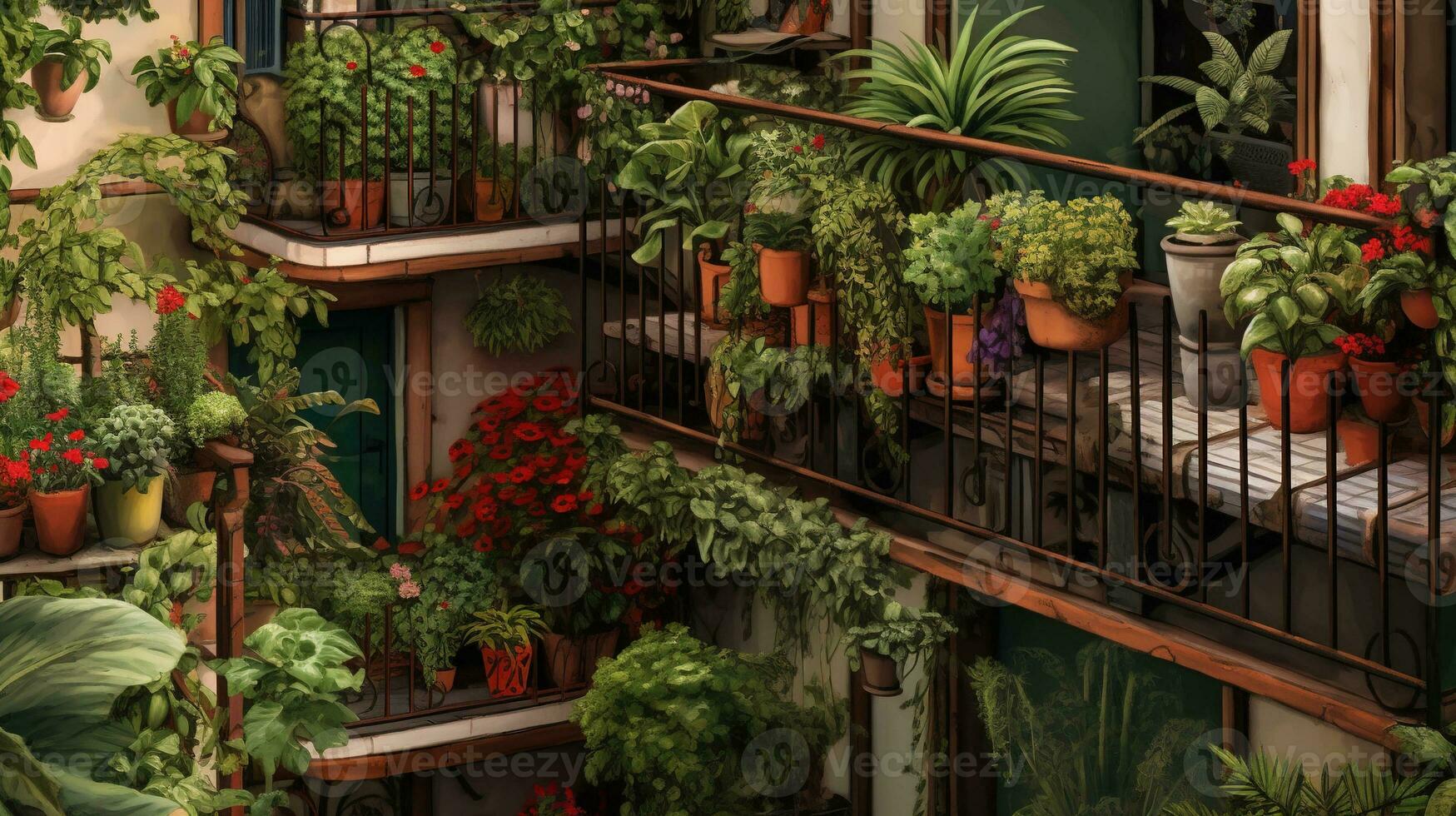 generativ ai, schön Balkon umgeben durch ein tropisch Stil Garten, Blühen Blumen und Grün Pflanzen foto