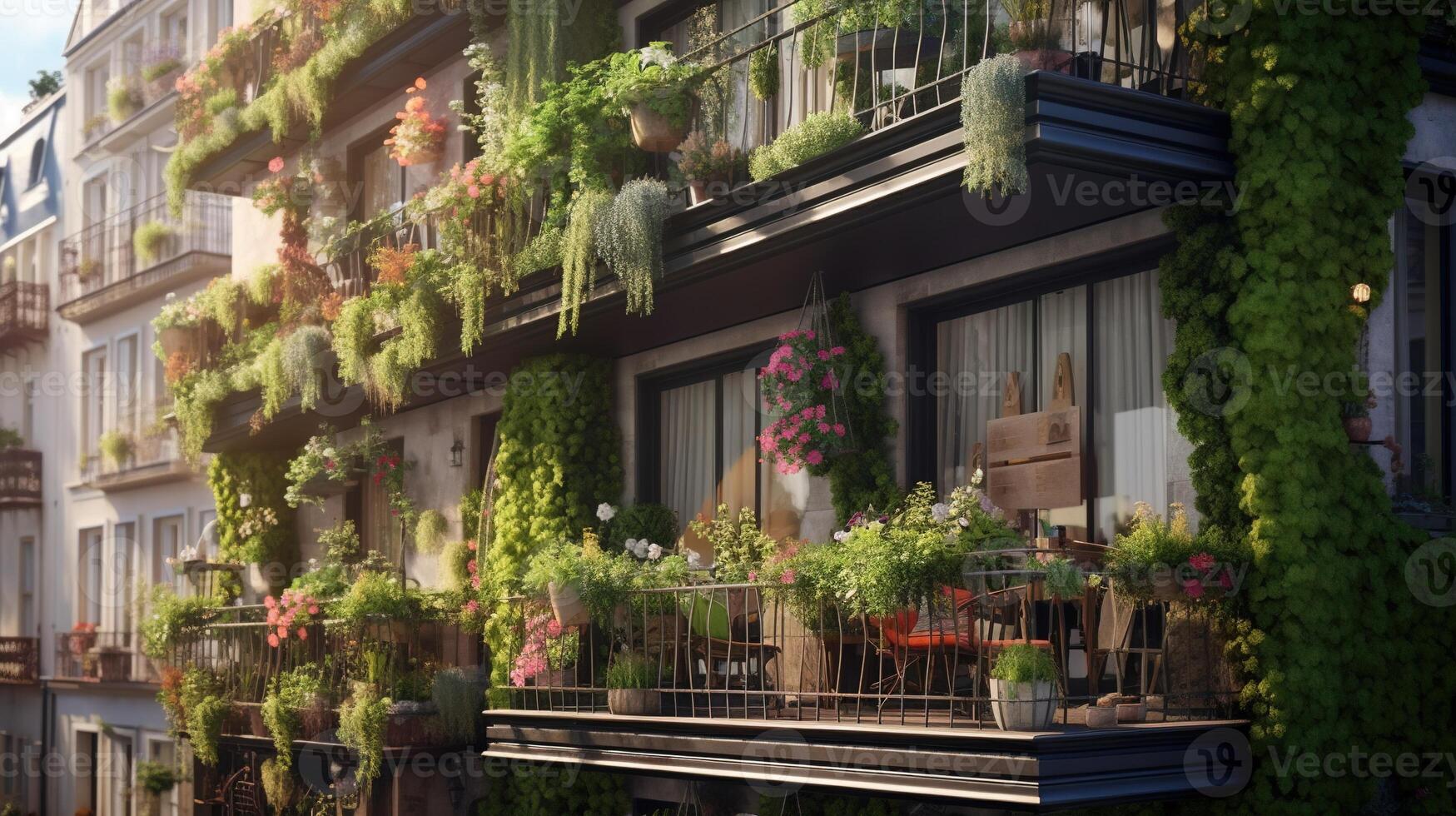 generativ ai, schön Balkon umgeben durch ein tropisch Stil Garten, Blühen Blumen und Grün Pflanzen foto