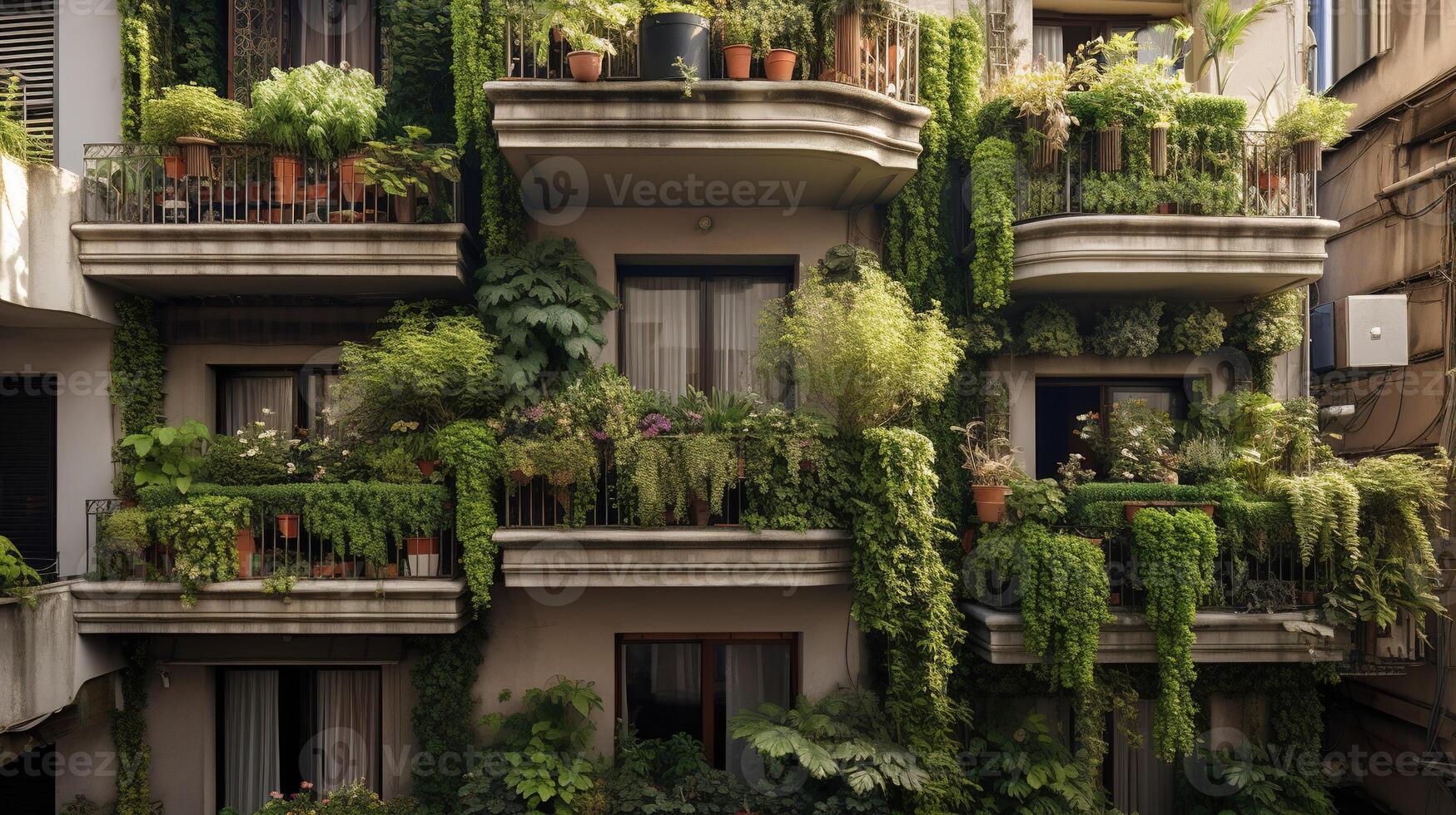 generativ ai, schön Balkon umgeben durch ein tropisch Stil Garten, Blühen Blumen und Grün Pflanzen foto