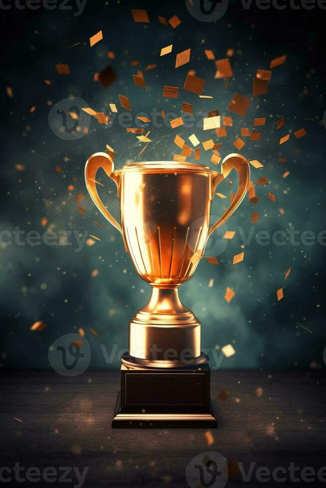 generativ ai, Gewinner Trophäe mit Flammen, golden Champion Tasse mit fallen Konfetti auf dunkel Vertikale Hintergrund foto