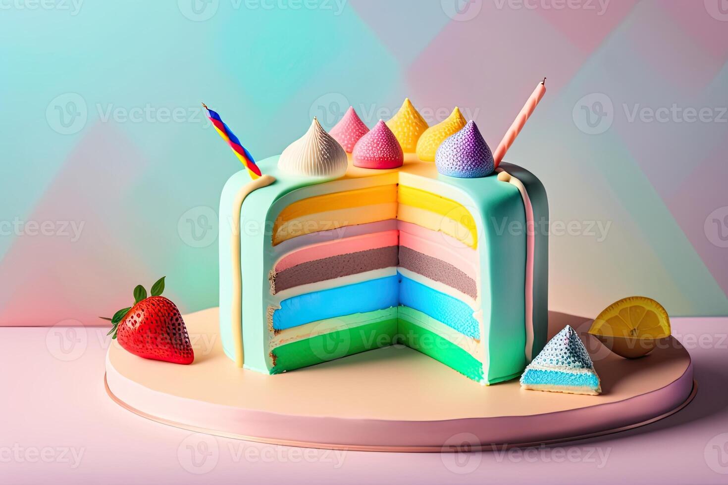 bunt Geburtstag Kuchen auf Pastell- Hintergrund generativ ai foto