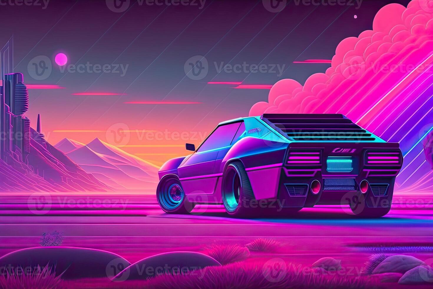 Neu Retrowave lila Neon- Hintergrund Design Kunst generativ ai foto