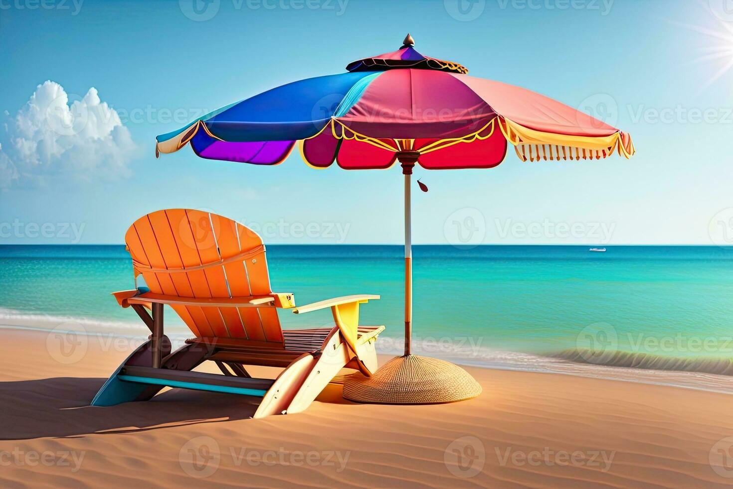 Stühle mit Regenschirm auf Strand generativ ai foto