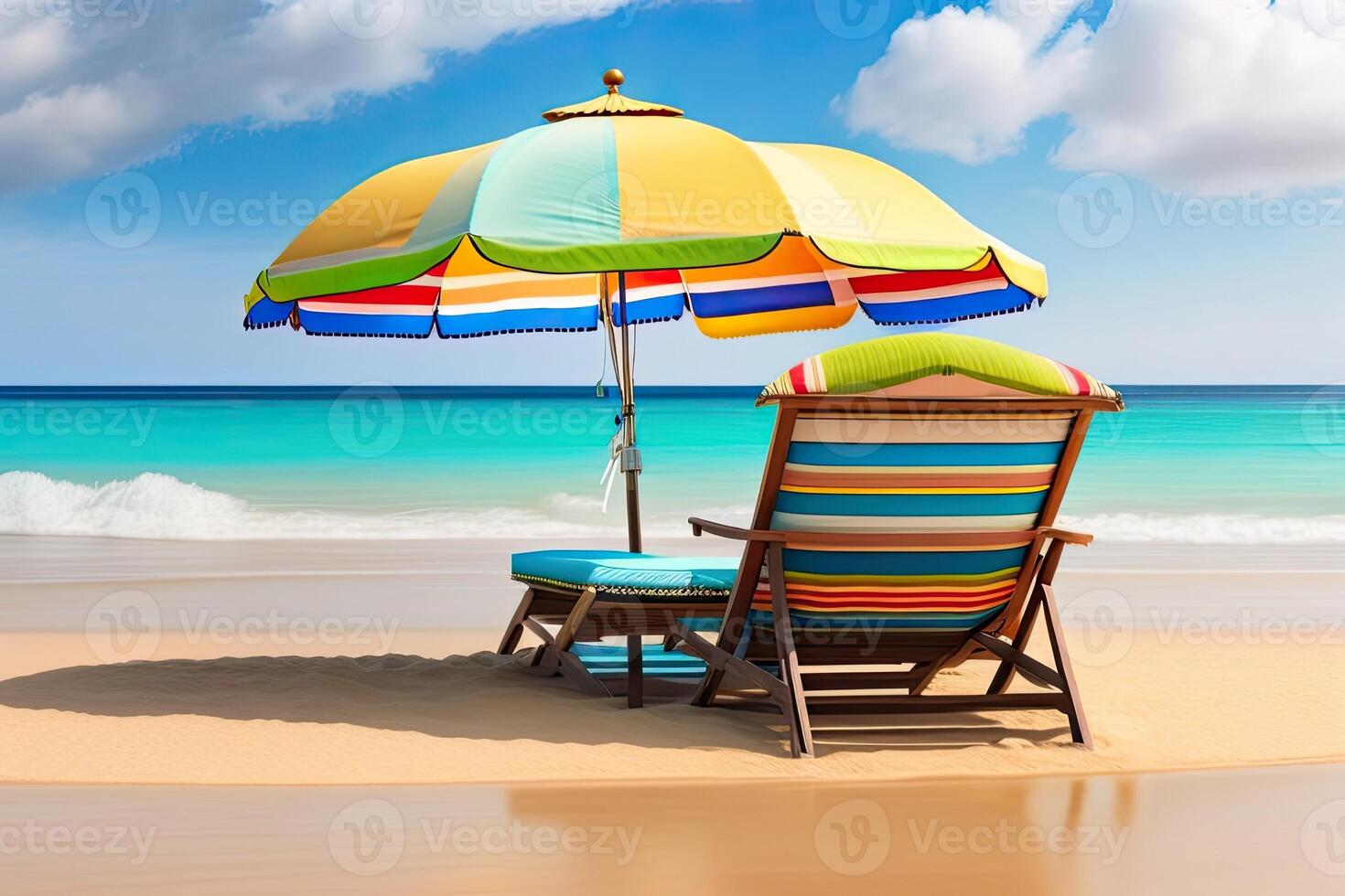 Stühle mit Regenschirm auf Strand generativ ai foto