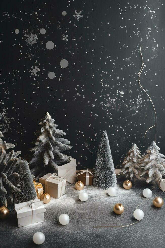 fröhlich Weihnachten Schöne Grüße mit schneebedeckt Bäume, generieren ai foto