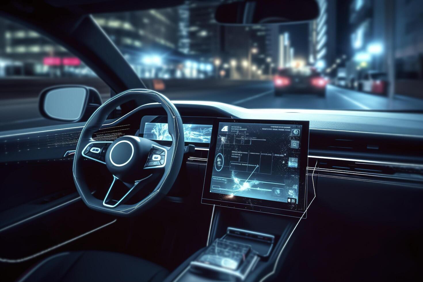 modern Clever Auto Technologie intelligent System mit Köpfe oben Anzeige hud autonom selbst Fahren Modus Fahrzeug auf Stadt Straße mit Grafik Sensor Radar Signal System intelligent Auto, ai generativ foto