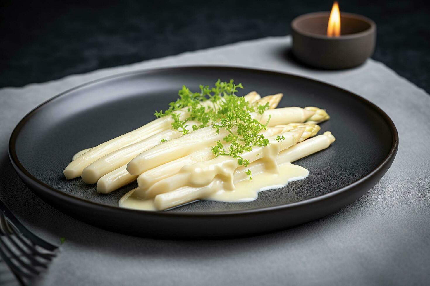 modern Stil traditionell gedämpft Weiß Spargel mit geheilt Schinken und Hollandaise Soße serviert wie oben Aussicht auf ein nordisch Design Teller mit Kopieren Raum, generieren ai foto