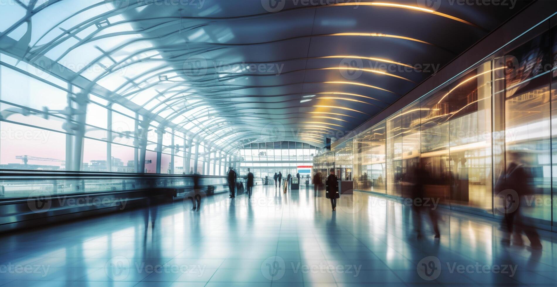 Flughafen Gebäude, International Terminal, eilen Menschen zu Land, verschwommen Hintergrund - - ai generiert Bild foto