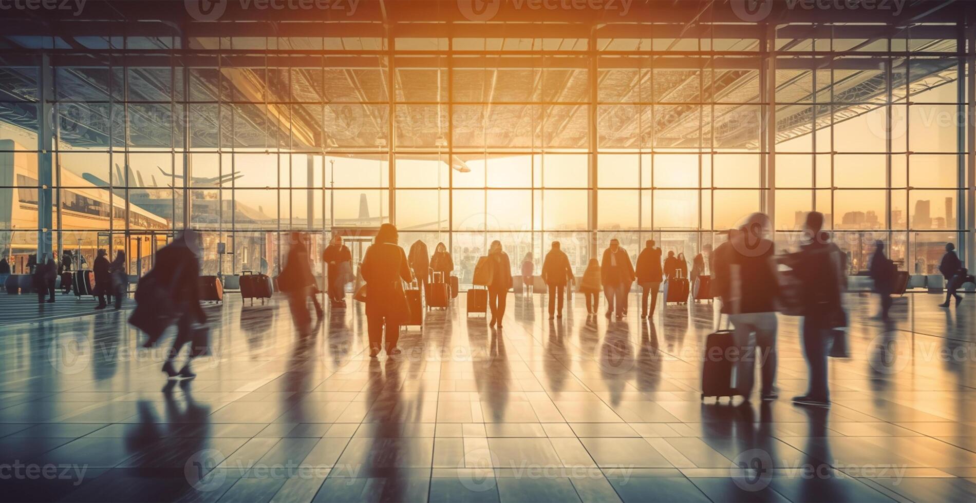 Flughafen Gebäude, International Terminal, eilen Menschen zu Land, verschwommen Hintergrund - - ai generiert Bild foto