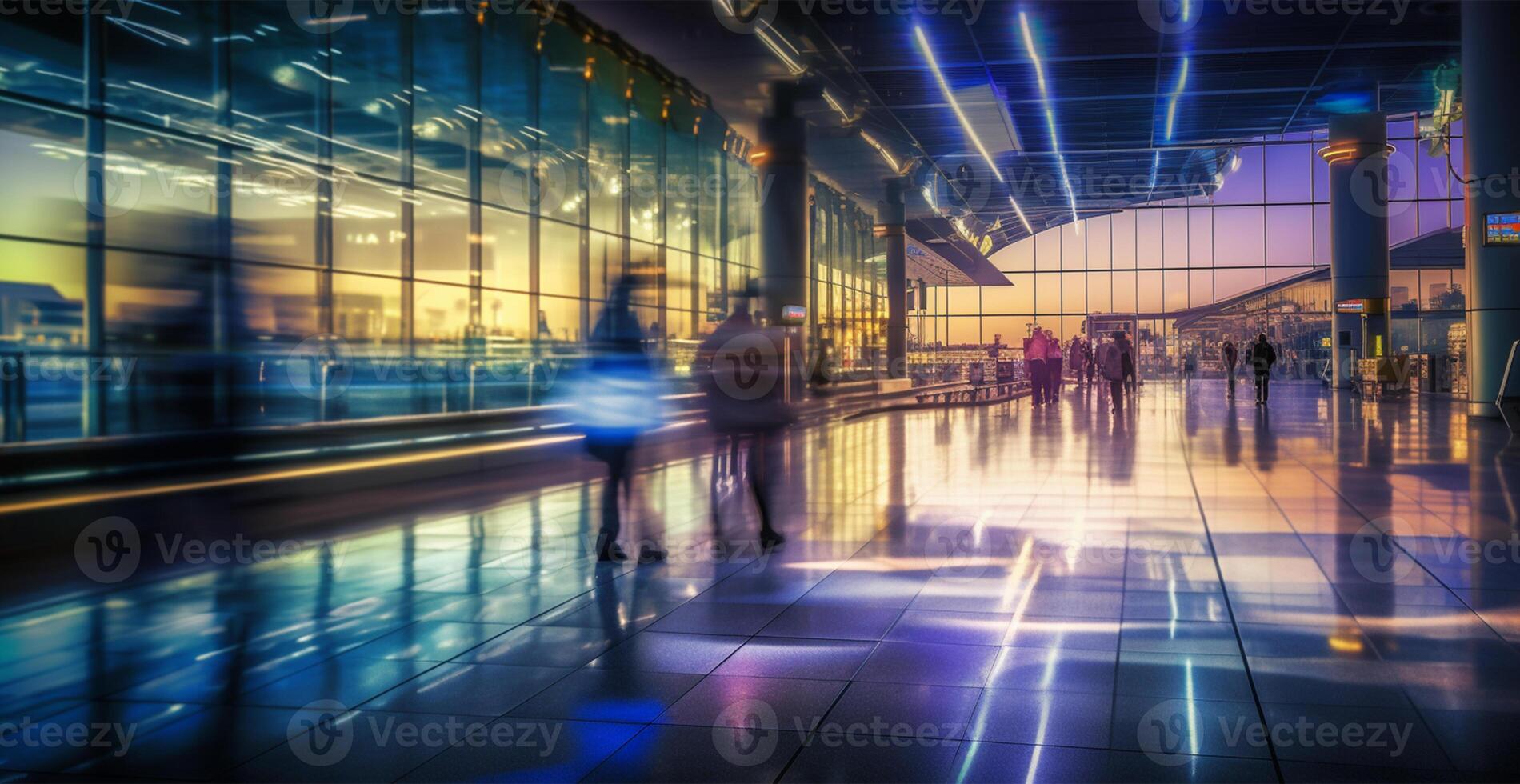 Flughafen Gebäude, International Terminal, eilen Menschen zu Land, verschwommen Hintergrund - - ai generiert Bild foto