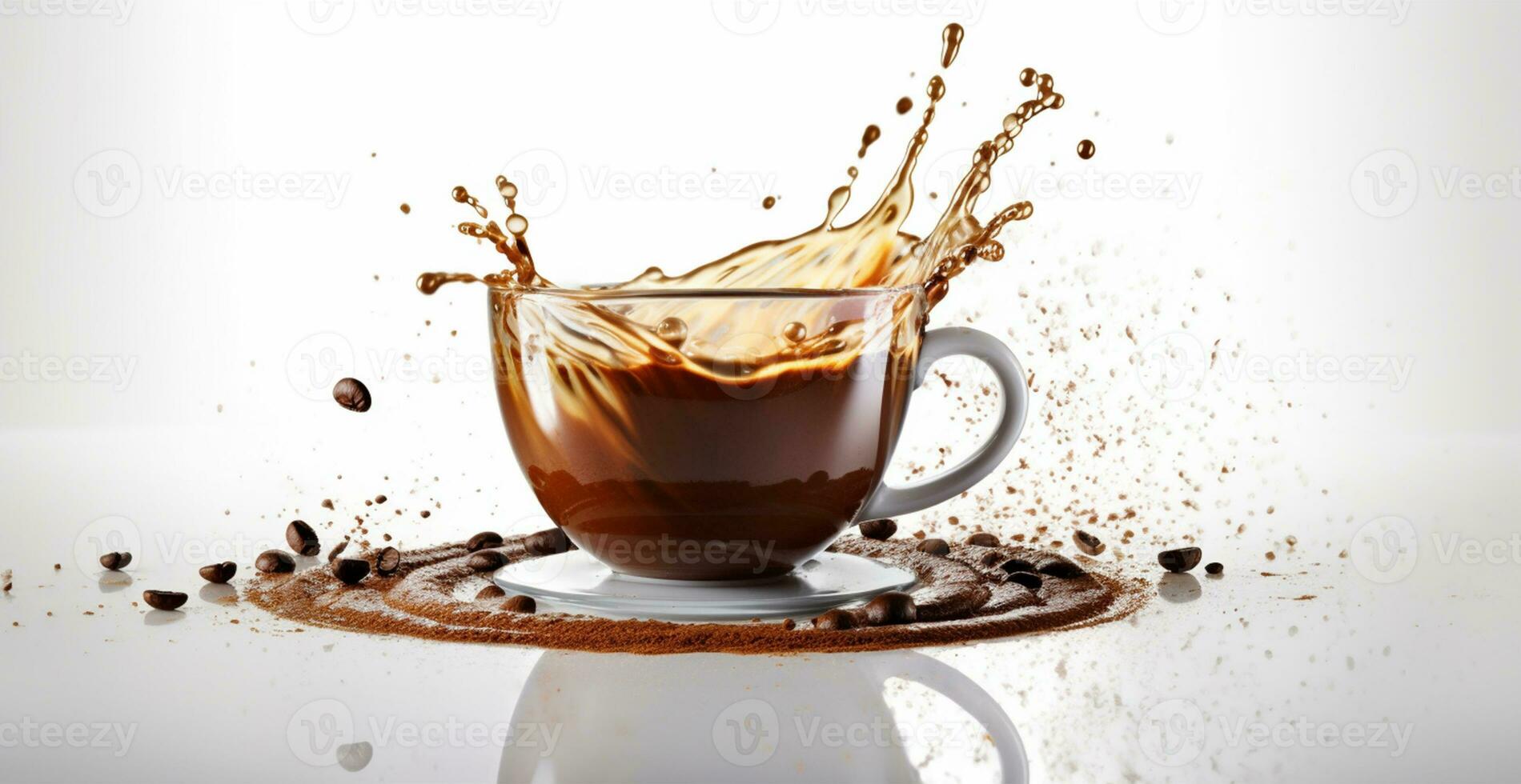 Weiß Kaffee Tasse mit spritzt von frisch gebraut Kaffee - - ai generiert Bild foto