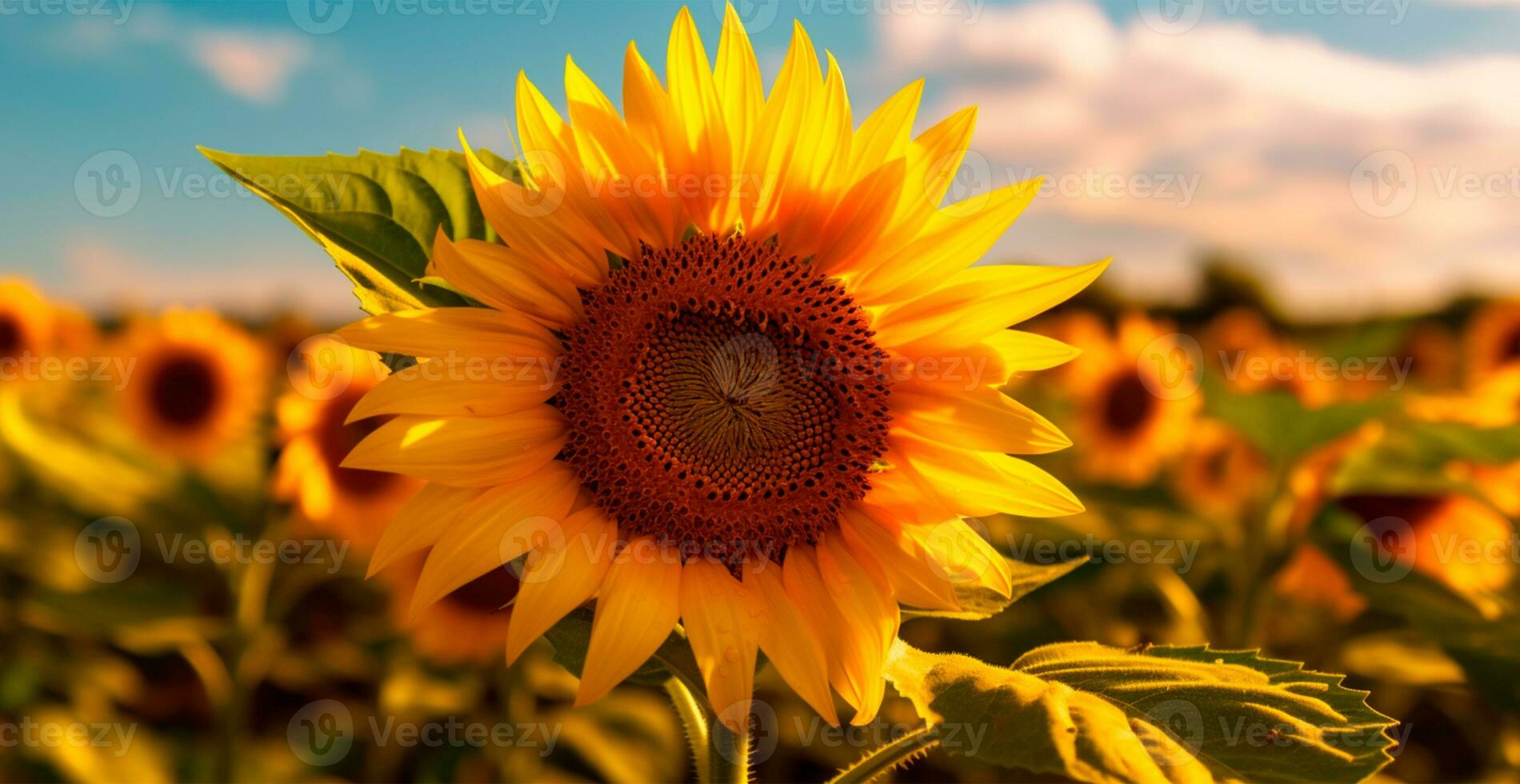 Feld von Sonnenblumen im blühen, heiß sonnig Sommer, Panorama- hell Hintergrund - - ai generiert Bild foto