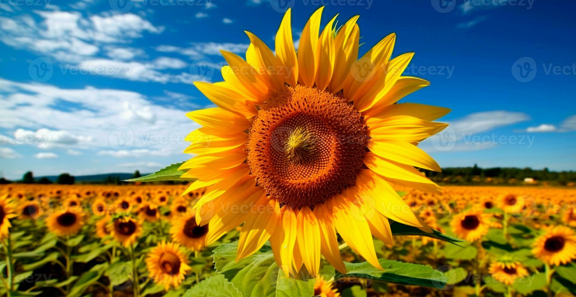 Feld von Sonnenblumen im blühen, heiß sonnig Sommer, Panorama- hell Hintergrund - - ai generiert Bild foto