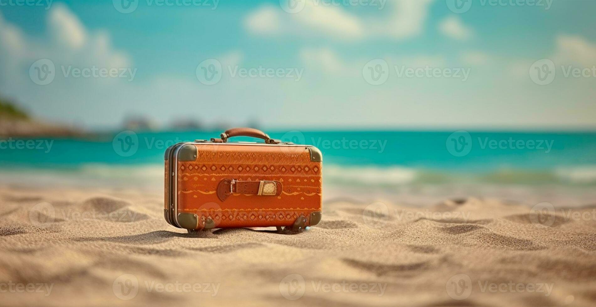 Sommer- Reise und Tourismus, hell Koffer auf ein schön sandig Strand. Ferien Reise - - ai generiert Bild foto