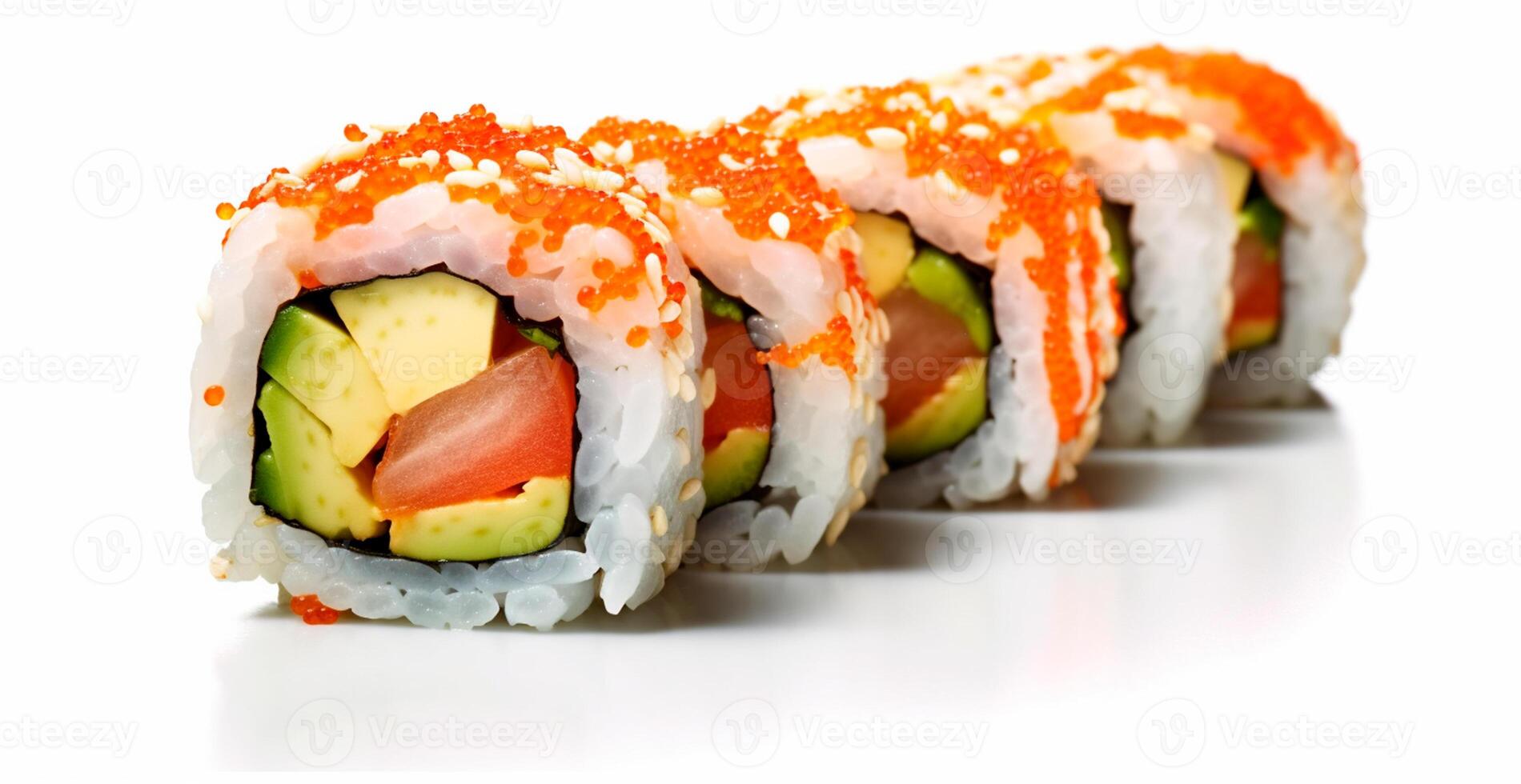 Rollen mit Lachs, Avocado, Thunfisch und Gurke auf ein Weiß Hintergrund. japanisch Küche - - ai generiert Bild foto