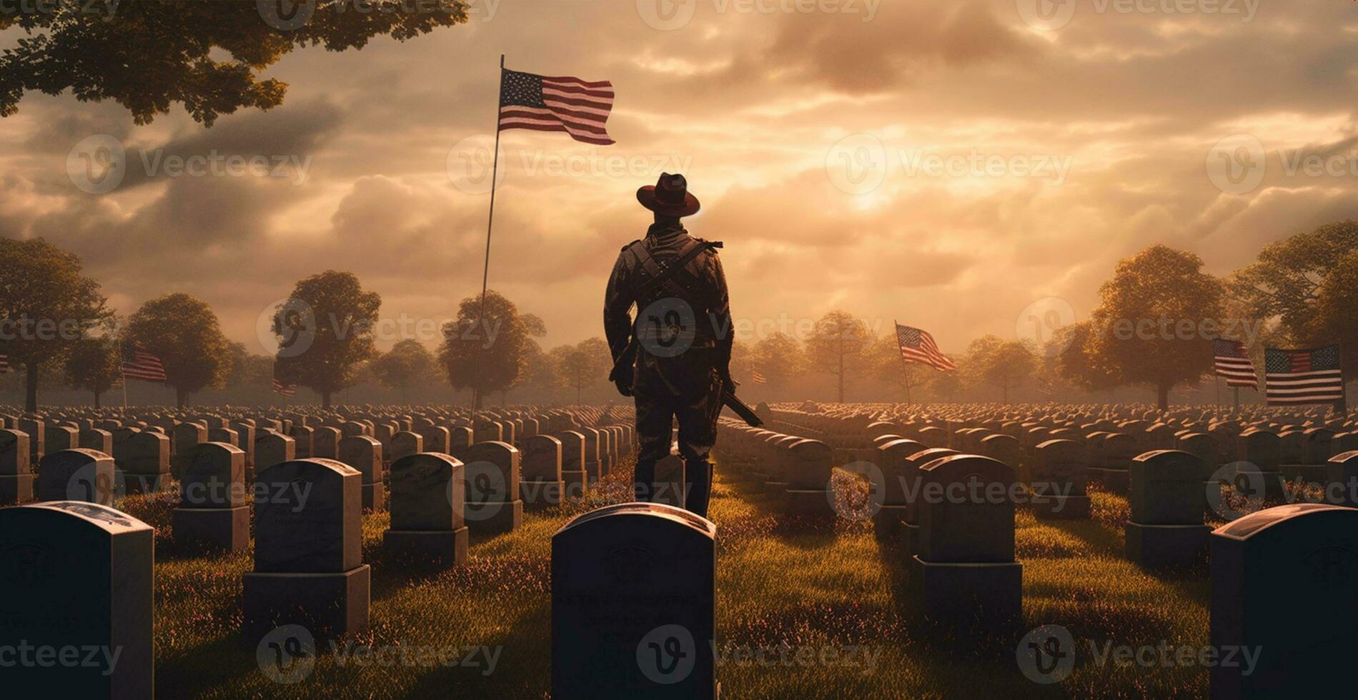 Grabsteine mit uns Flaggen beim Arlington National Friedhof auf Denkmal Tag - - ai generiert Bild foto
