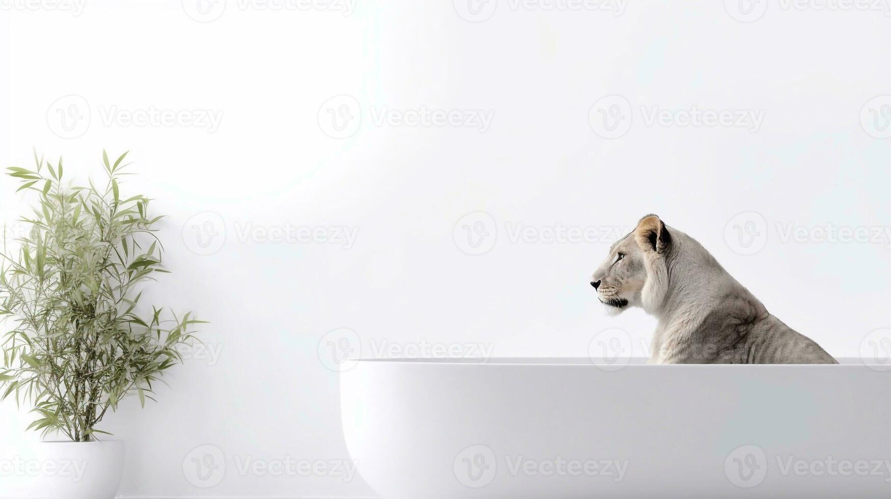 ein Löwe im ein Badewanne mit ein Weiß Hintergrund - - generativ ai foto