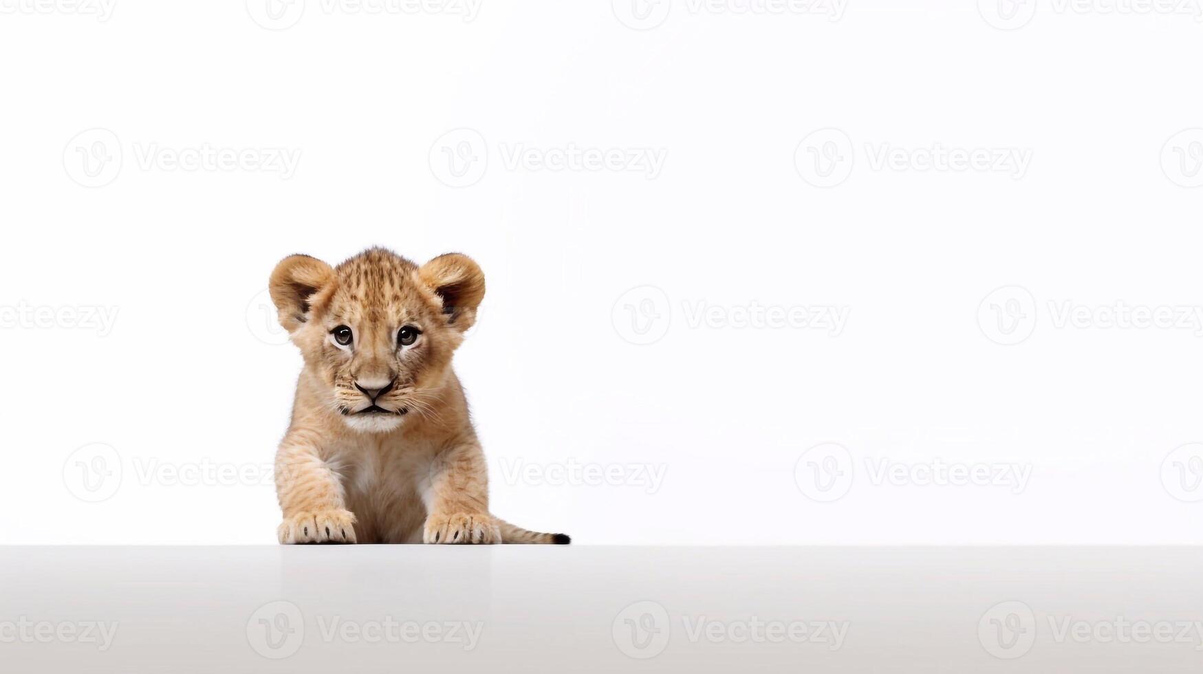 wenig Löwe auf Weiß Hintergrund mit Kopieren Raum - - generativ ai foto