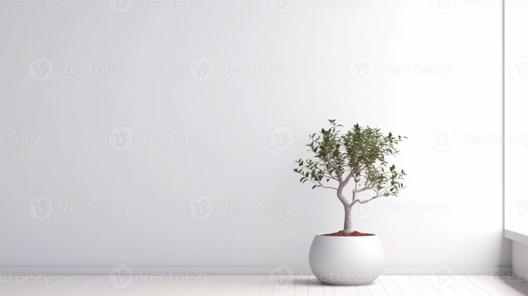 ein Weiß eingetopft Pflanze im ein Weiß Zimmer mit ein Weiß Mauer hinter es - - generativ ai foto