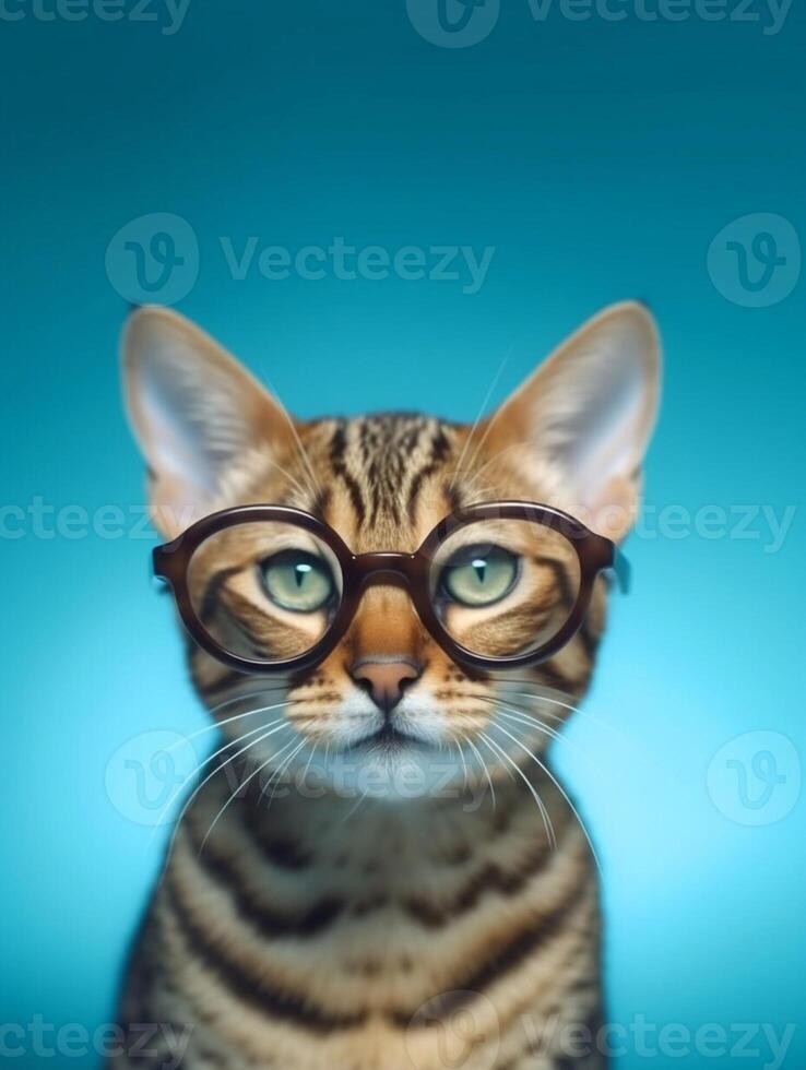 Bengalen Katze mit Brille auf Blau Hintergrund. generativ ai foto