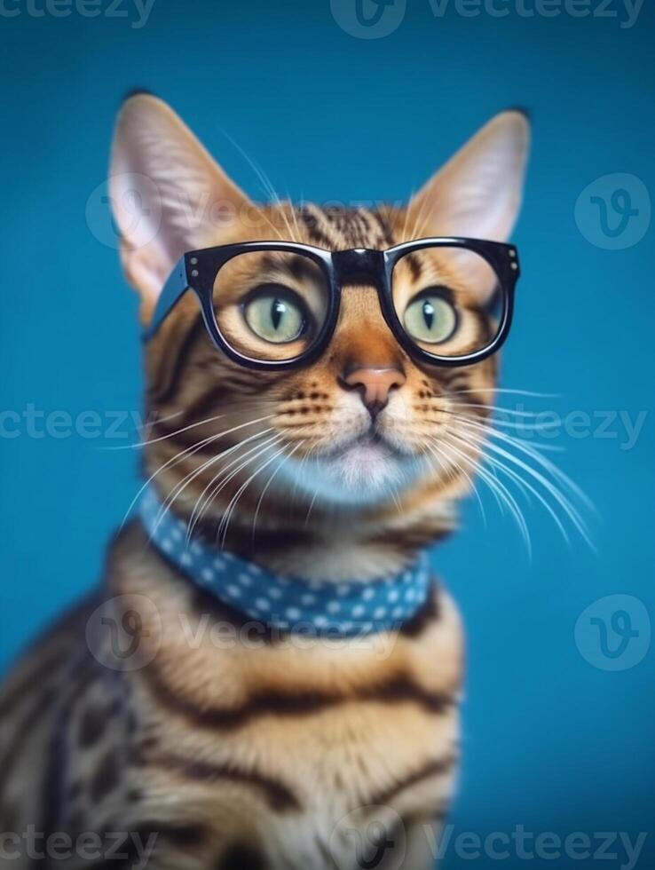 Bengalen Katze mit Brille auf Blau Hintergrund. generativ ai foto