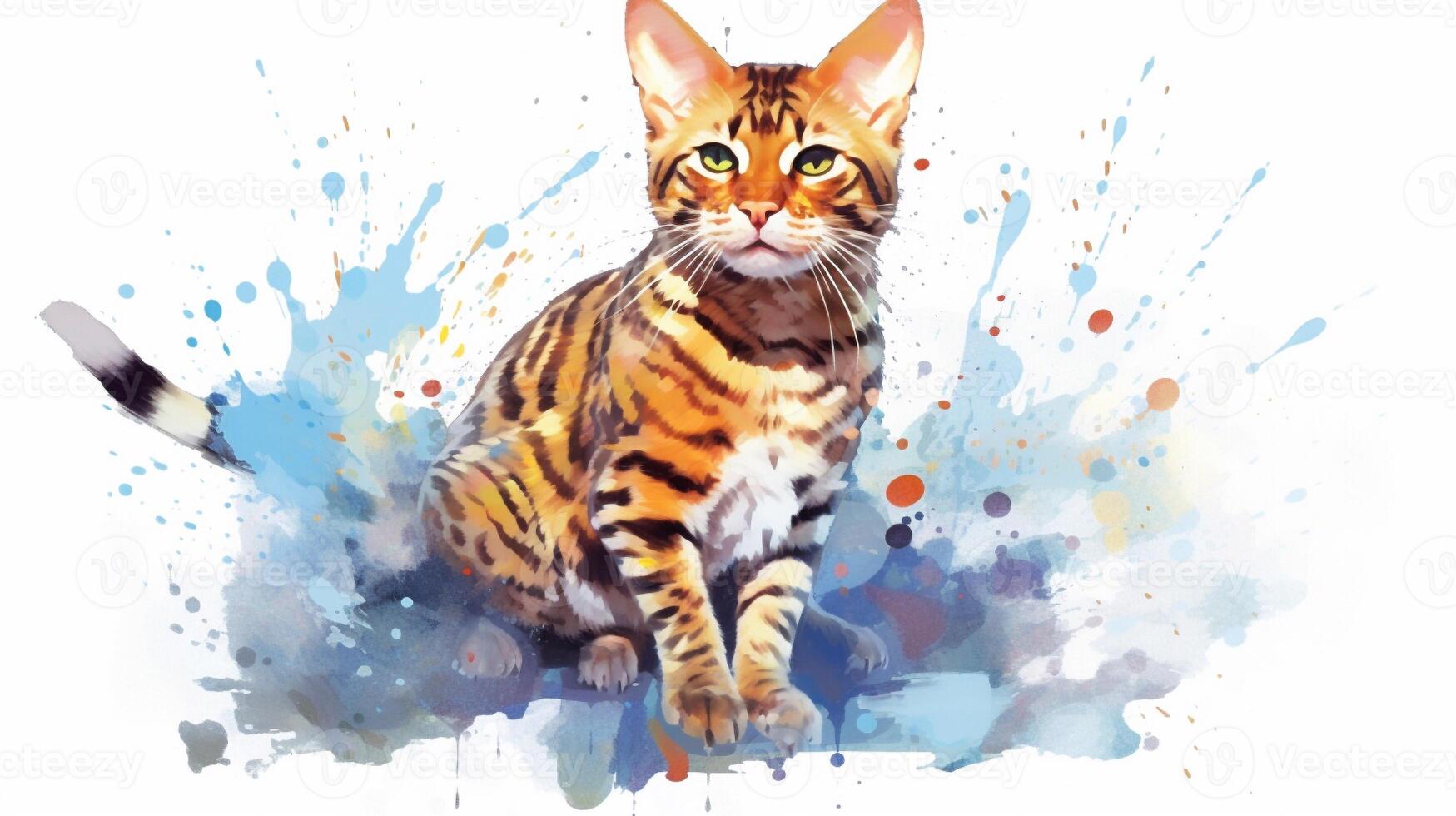 Bengalen Katze. Digital Aquarell Gemälde auf Weiß Hintergrund. generativ ai foto