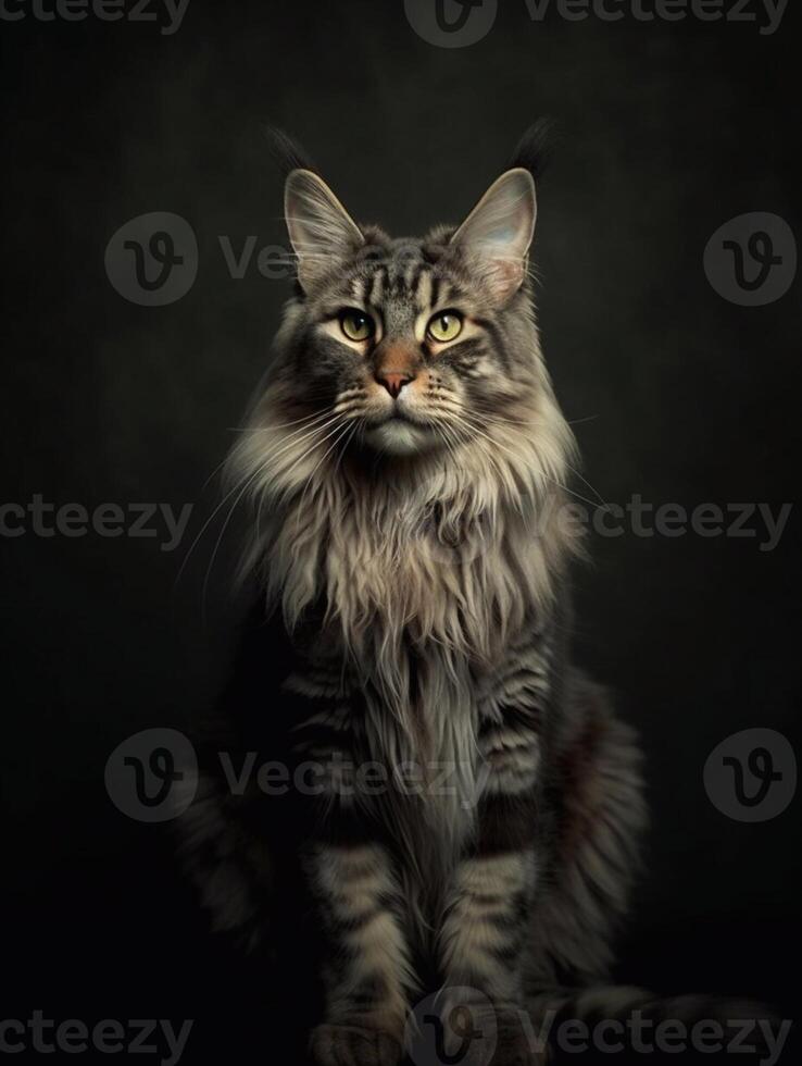 Porträt von ein langhaarig Maine Waschbär Katze auf dunkel Hintergrund. generativ ai foto
