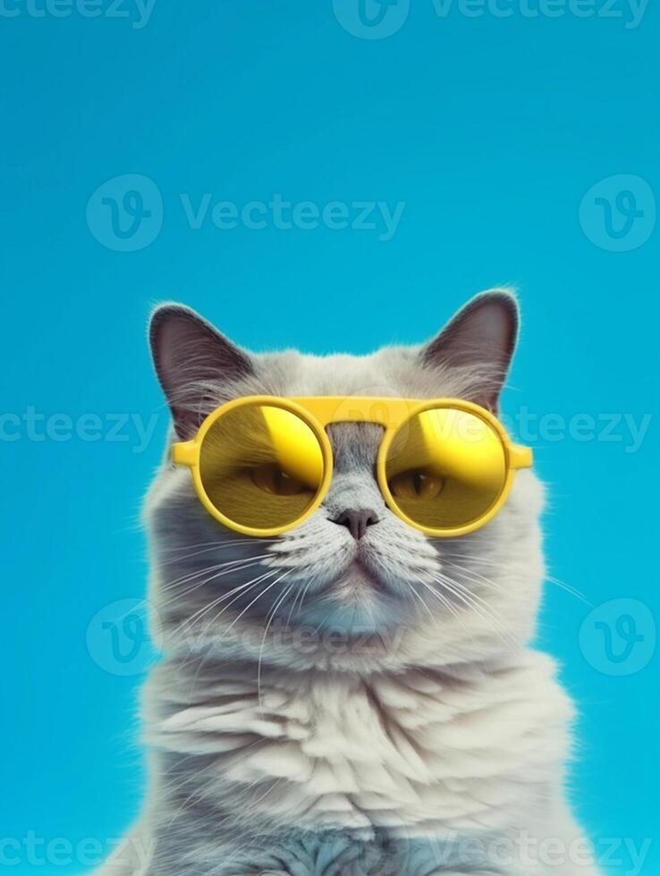 Porträt von ein Katze tragen Gelb Sonnenbrille auf ein Blau Hintergrund. foto