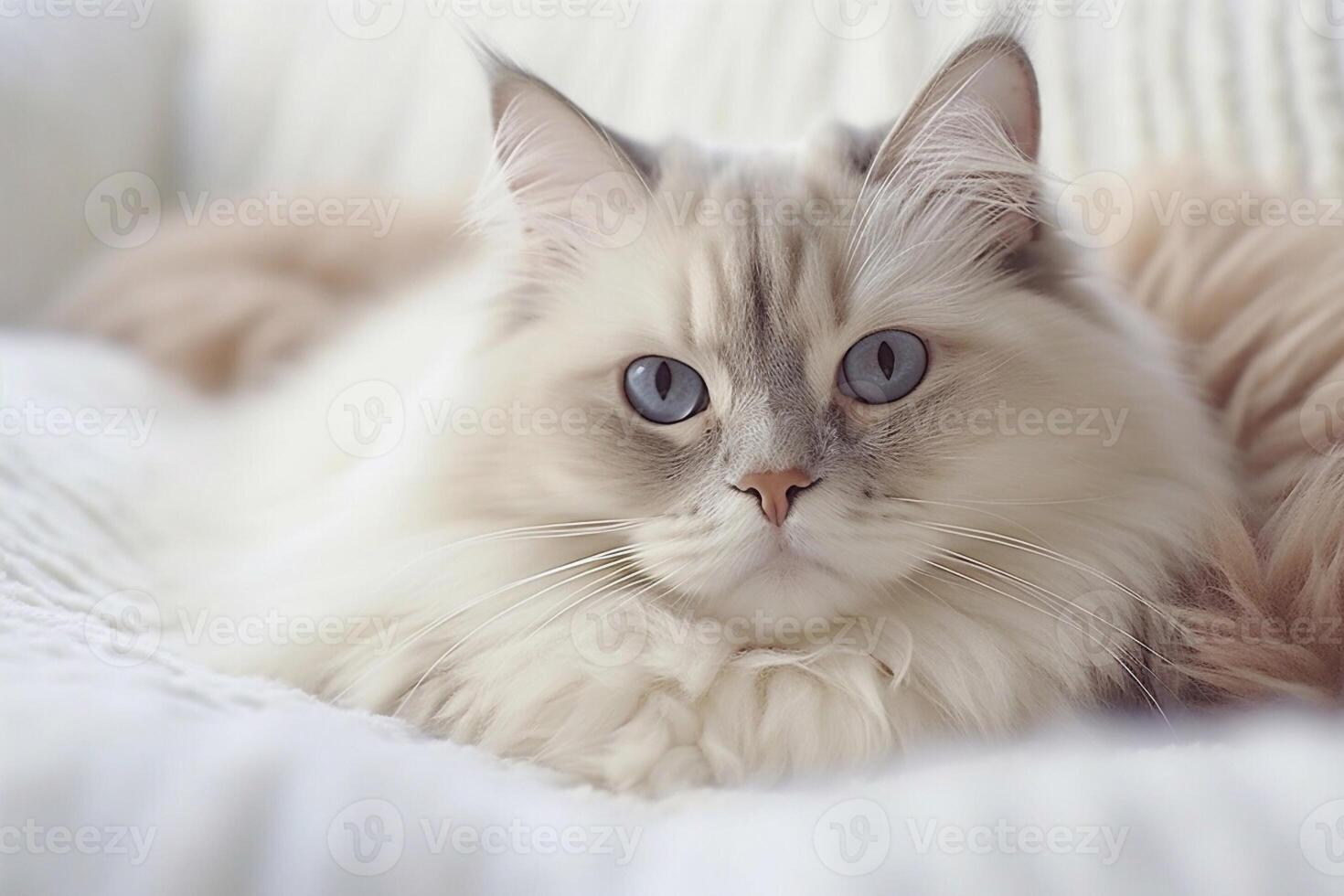 Ragdoll Katze Lügen auf Weiß Bett. generativ ai foto