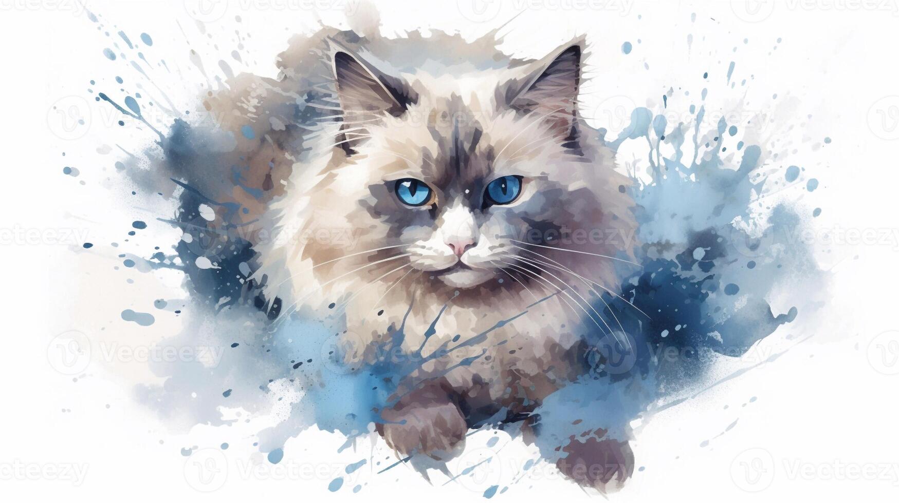 Ragdoll Katze auf ein Weiß Hintergrund mit Blau Aquarell Spritzer. generativ ai foto