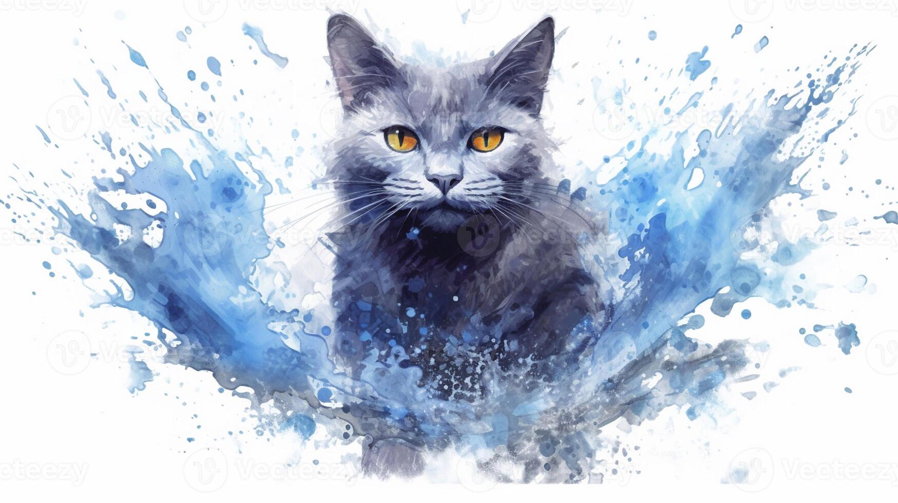 Aquarell Illustration von ein Russisch Blau Katze mit spritzt auf ein Weiß Hintergrund. generativ ai foto