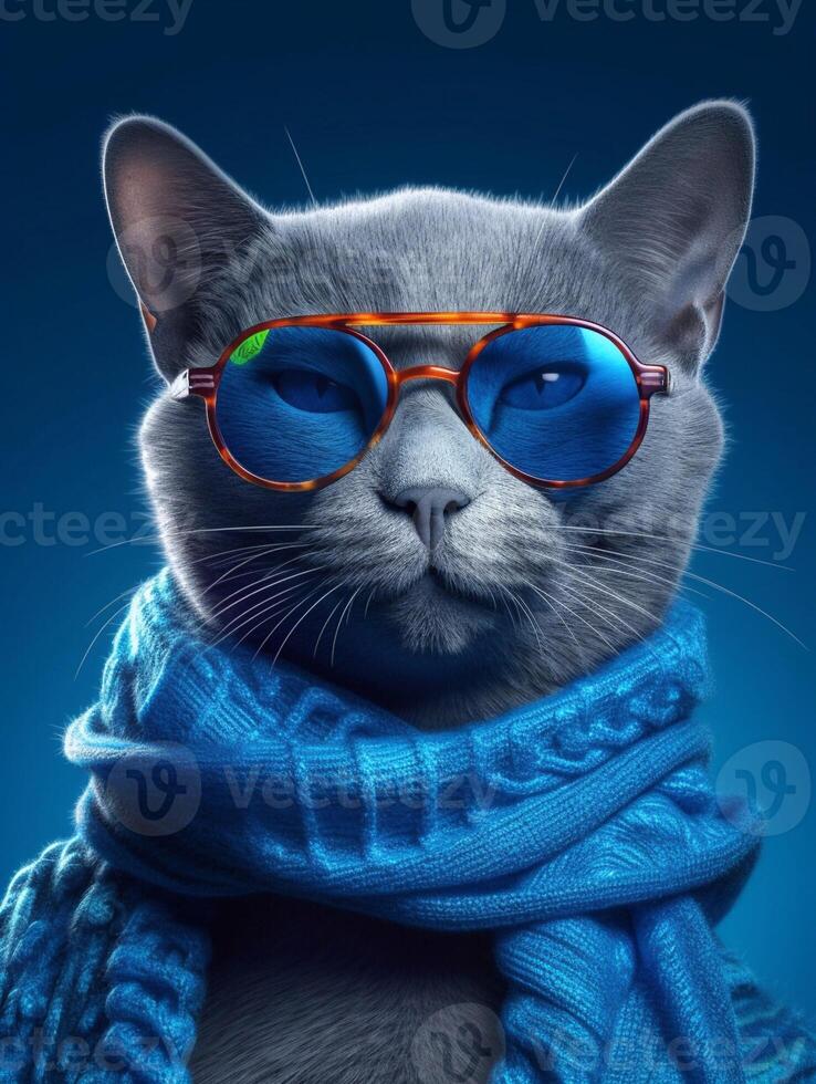 schön Russisch Blau Katze tragen Brille und Schal auf Blau Hintergrund. generativ ai foto