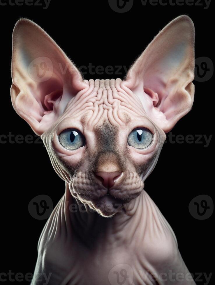 bezaubernd Sphynx Katze auf schwarz Hintergrund. generativ ai foto