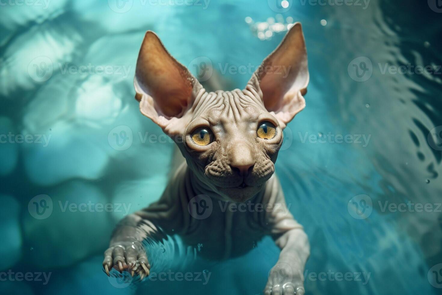 Porträt von ein Sphynx Katze im ein Schwimmen Schwimmbad. generativ ai foto