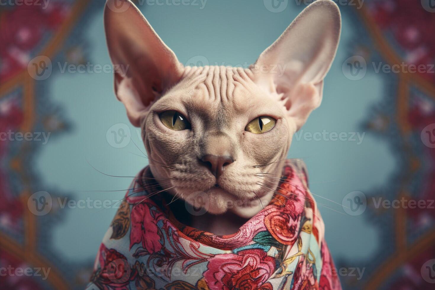 Porträt von ein Sphynx Katze mit ein Schal um seine Nacken. generativ ai foto