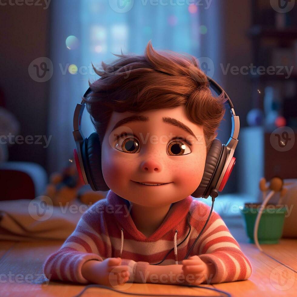 wenig Junge mit süß Ausdruck, unschuldig und bezaubernd ist genießen Musik- von Kopfhörer foto