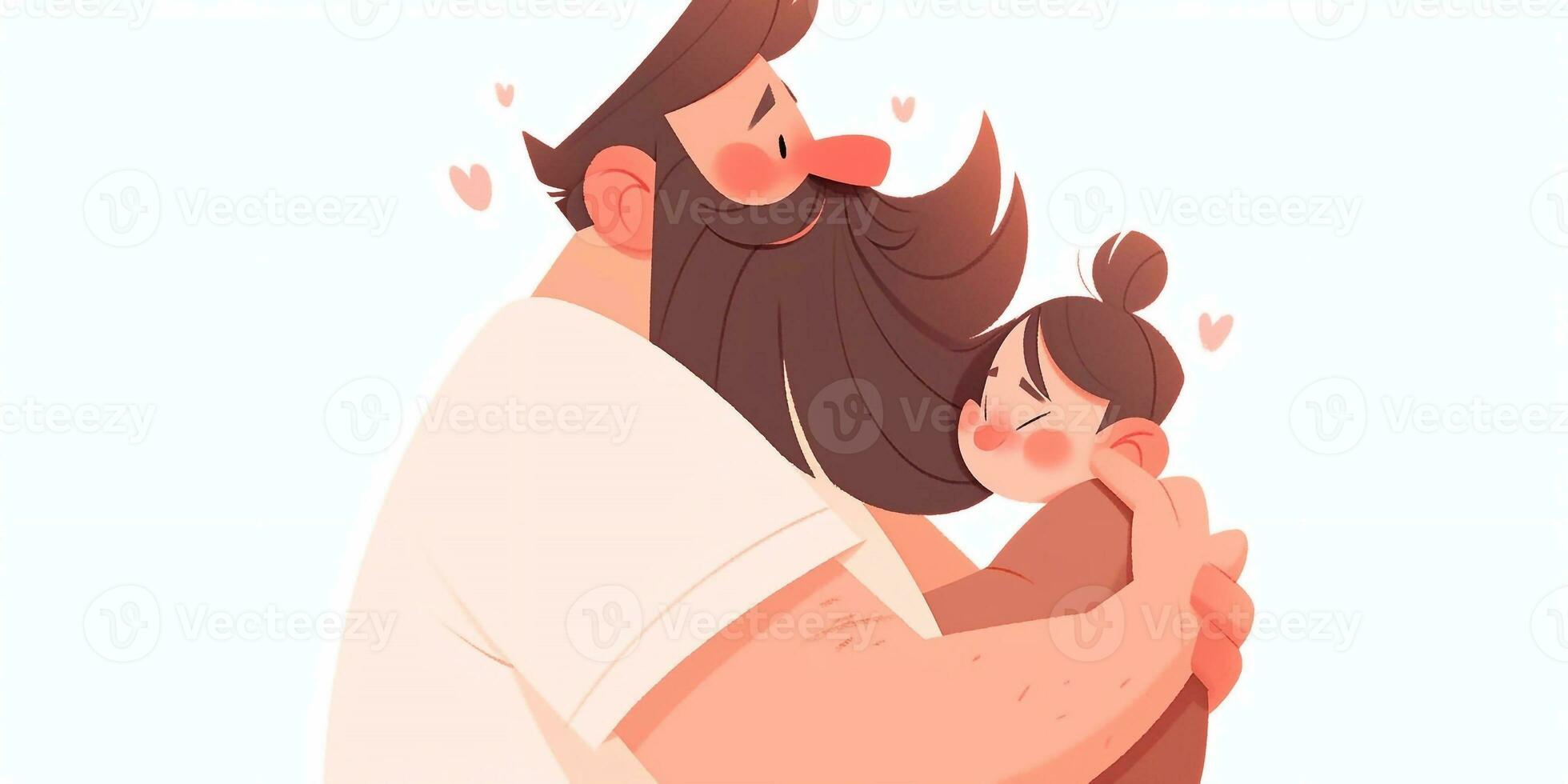 Illustration von ein Vater Umarmungen seine Sohn im ein warm und herzlich Umarmung im Karikatur Stil foto