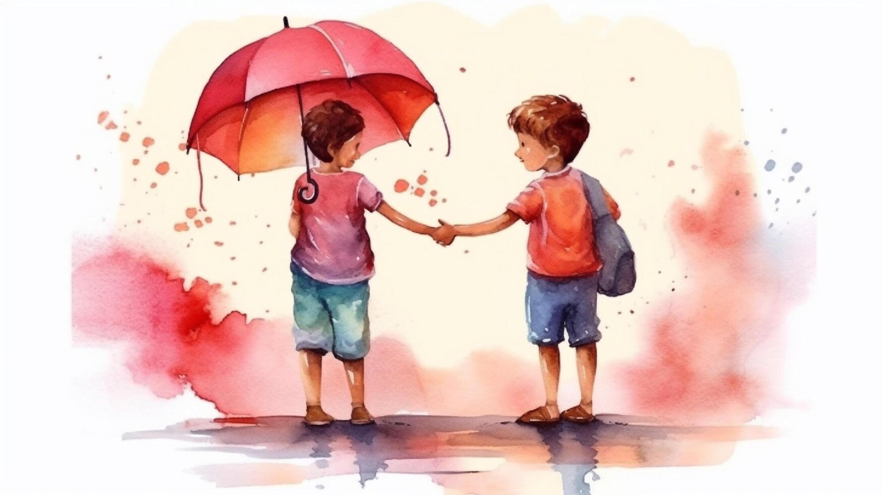 Aquarell Illustration von ein glücklicher Kinder Gehen im das Regen. Aquarell Hintergrund. generativ ai foto