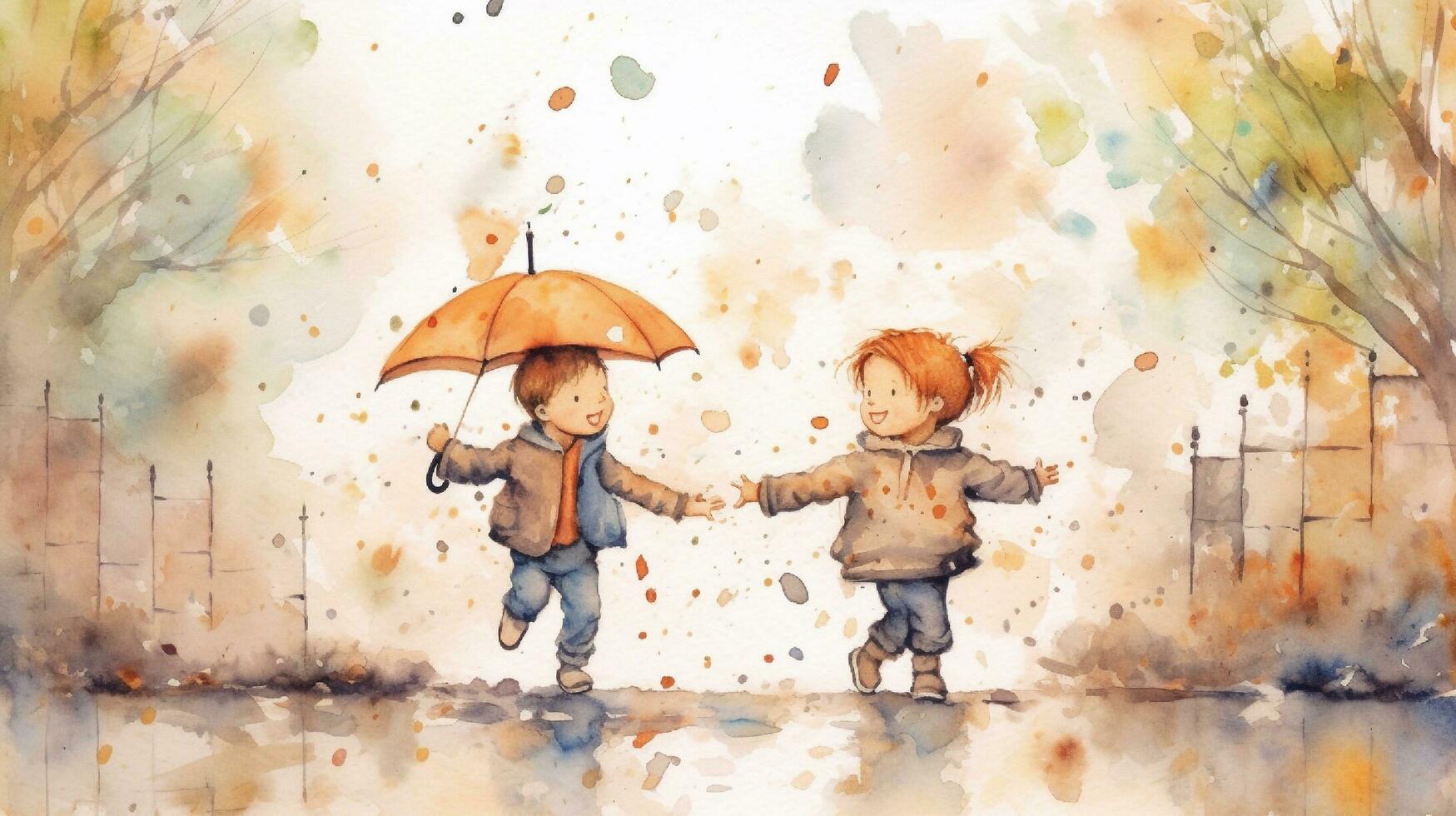 Aquarell Illustration von ein glücklicher Kinder Gehen im das Regen. Aquarell Hintergrund. generativ ai foto