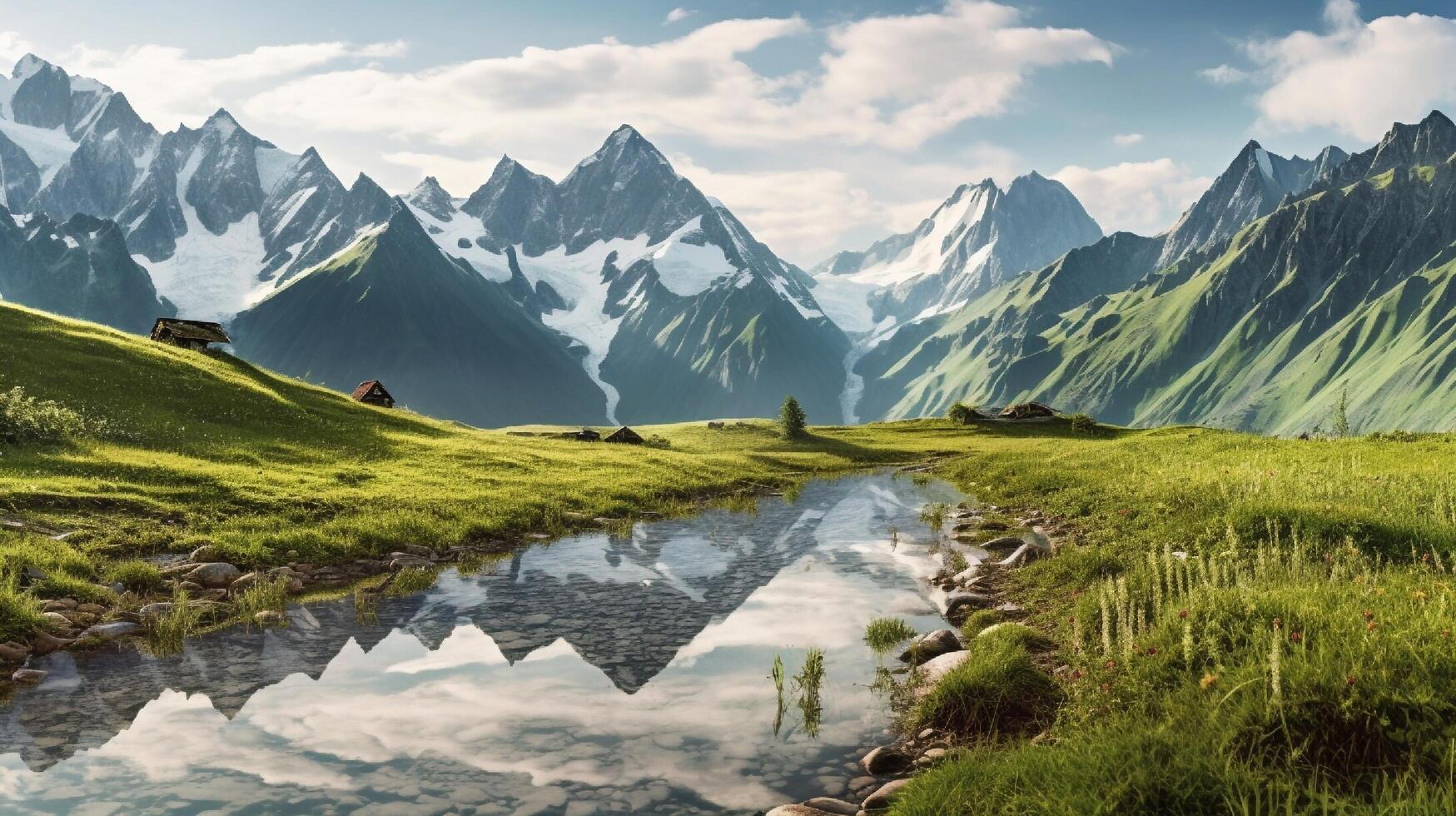 Berg Landschaft mit ein Strom im das Vordergrund und Betrachtung von das Berge zum Hintergrund. generativ ai foto