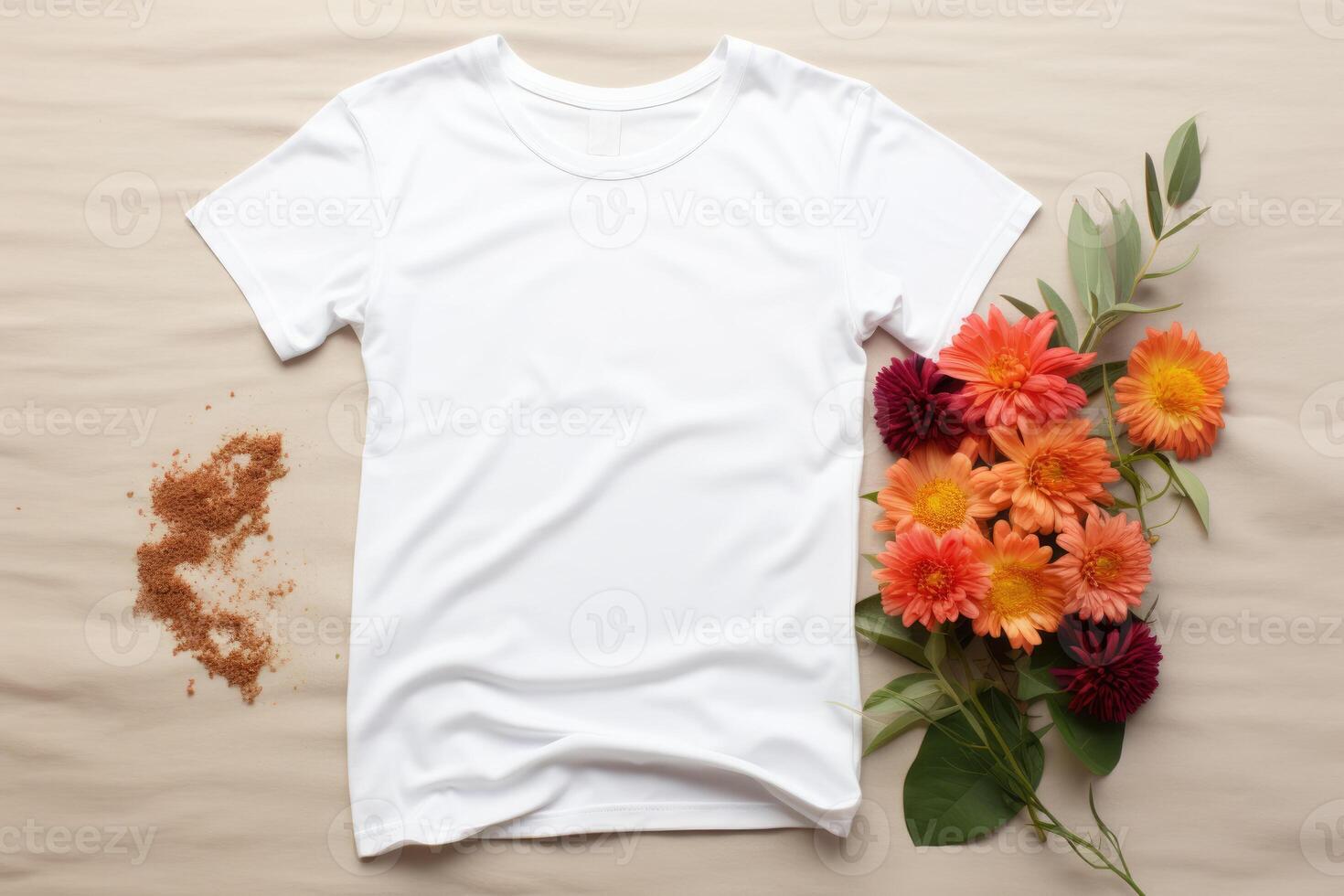 Weiß T-Shirt Attrappe, Lehrmodell, Simulation mit Blumen, ai generativ foto